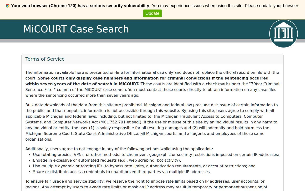 Sanilac County release record MiCOURT case search landing page