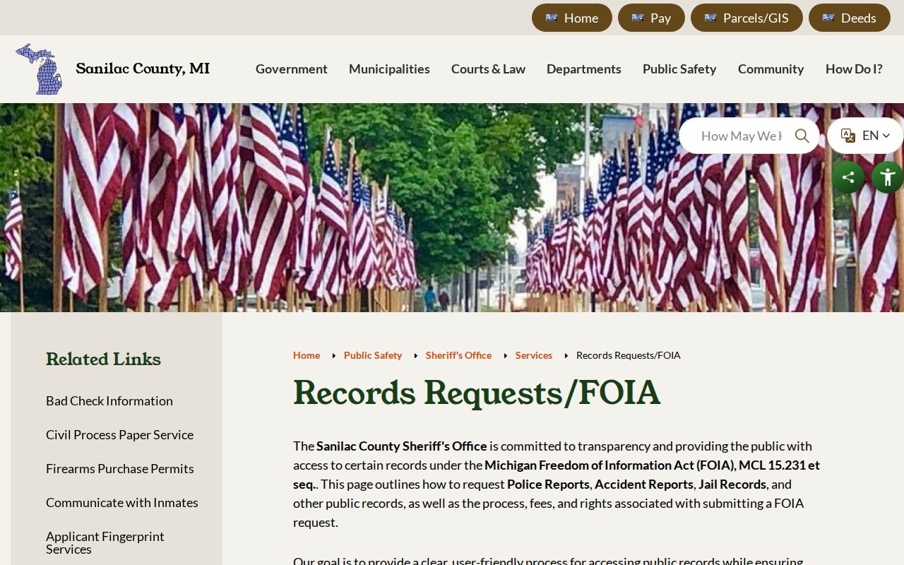 Sanilac County released inmate jail record request page