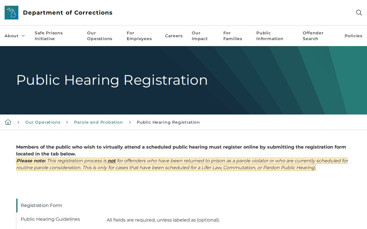 Michigan parole hearing notices for Sanilac County parole records